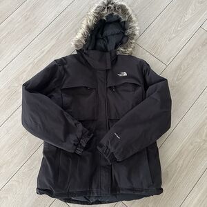 The North Face Jacket Womens XL Black Goose Down Faux Fur Coat Parka Hyvent